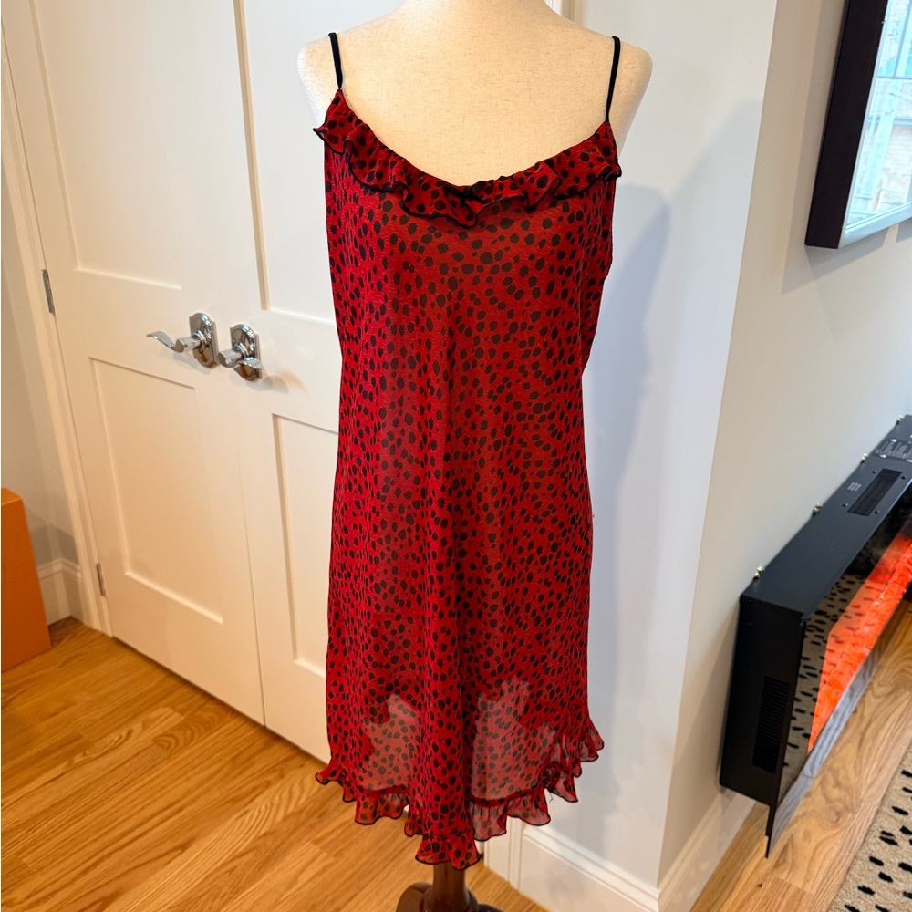 Natori Semi-sheer Red & Black Spotted Ruffle Slip Dress